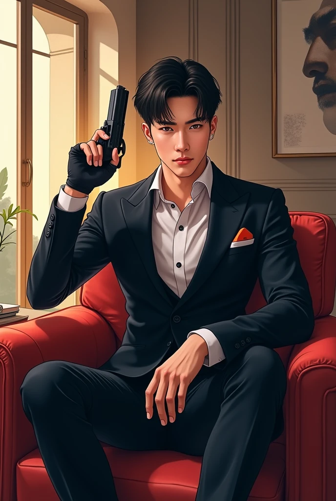 Sexy white korean animated man with a gun in his hand sittting in the chair with pose and wearning black suit in his beautiful house