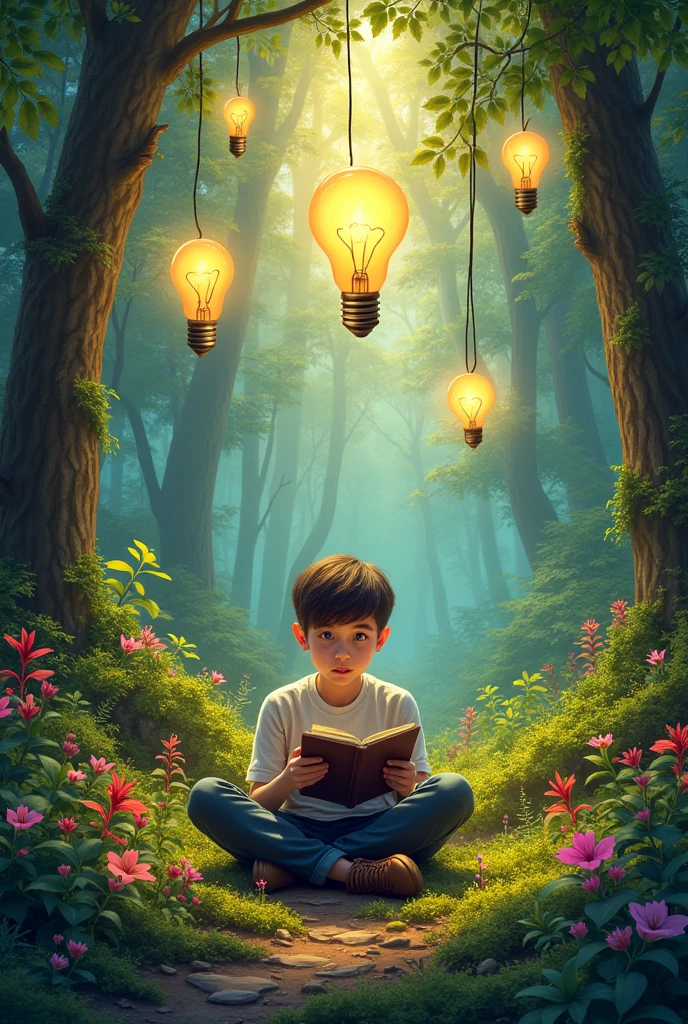 A person sitting in a vibrant forest with a notebook, surrounded by colorful plants. Ideas are flowing, represented by lightbulbs above their head.