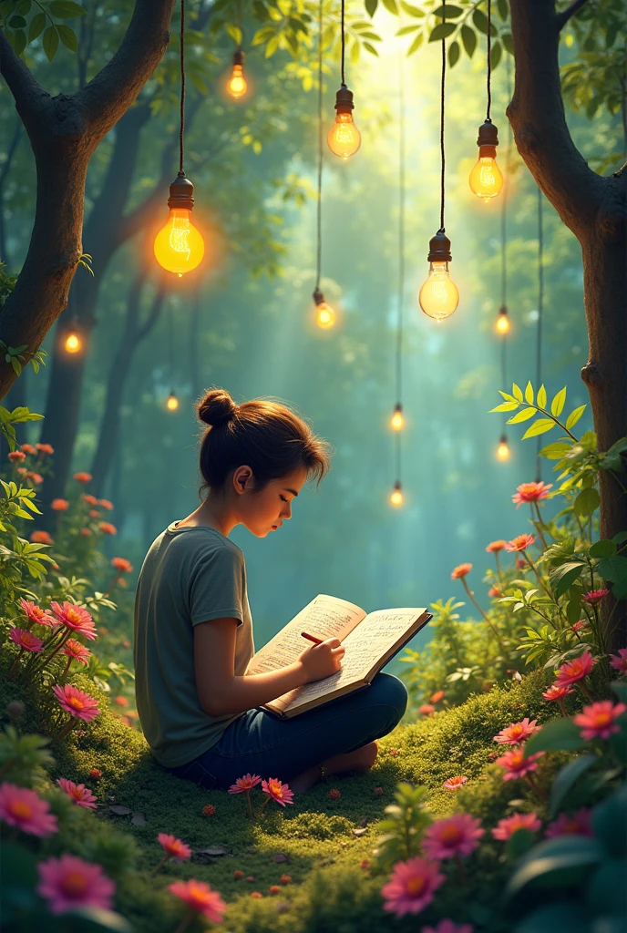 A person sitting in a vibrant forest with a notebook, surrounded by colorful plants. Ideas are flowing, represented by lightbulbs above their head.