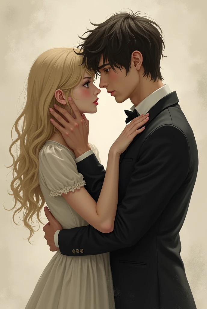 a couple, She is white and short in stature, long wavy blonde hair, he a tall man, dark hair, handsome. He is dressed formally, She with a simple dress, they look at each other face to face, He is lightly caressing the girl's cheek, She has a melancholic countenance. Deep down a broken heart under construction.