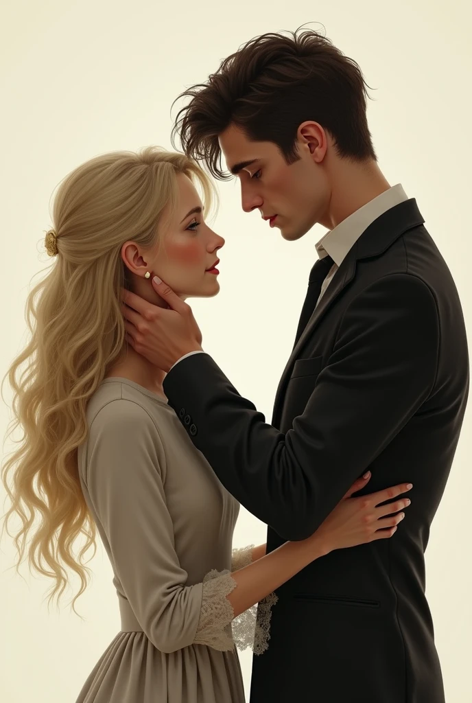 a couple, She is white and short in stature, long wavy blonde hair, he a tall man, dark hair, handsome. He is dressed formally, She with a simple dress, they look at each other face to face, He is lightly caressing the girl&#39;s cheek, She has a melancholic countenance. Deep down a broken heart under construction.