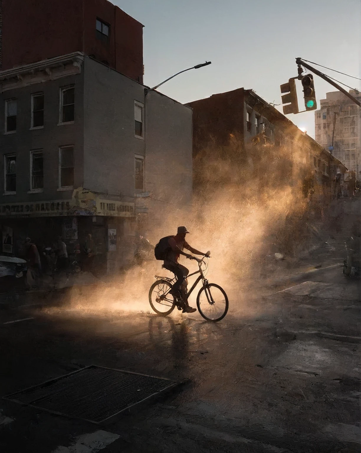 A man rides a bicycle through a dusty street, Weather Photography, Unsplash contest winning photos, Slippery streets, author:Matt Stewart, unsplash photo contest winners, author:Andrew Domachovsky, unsplash contest winner, Dirty streets, author:Daniel Seghers, urban photography, author:Robert Jacobson, author:David Rubin, Artist unknown