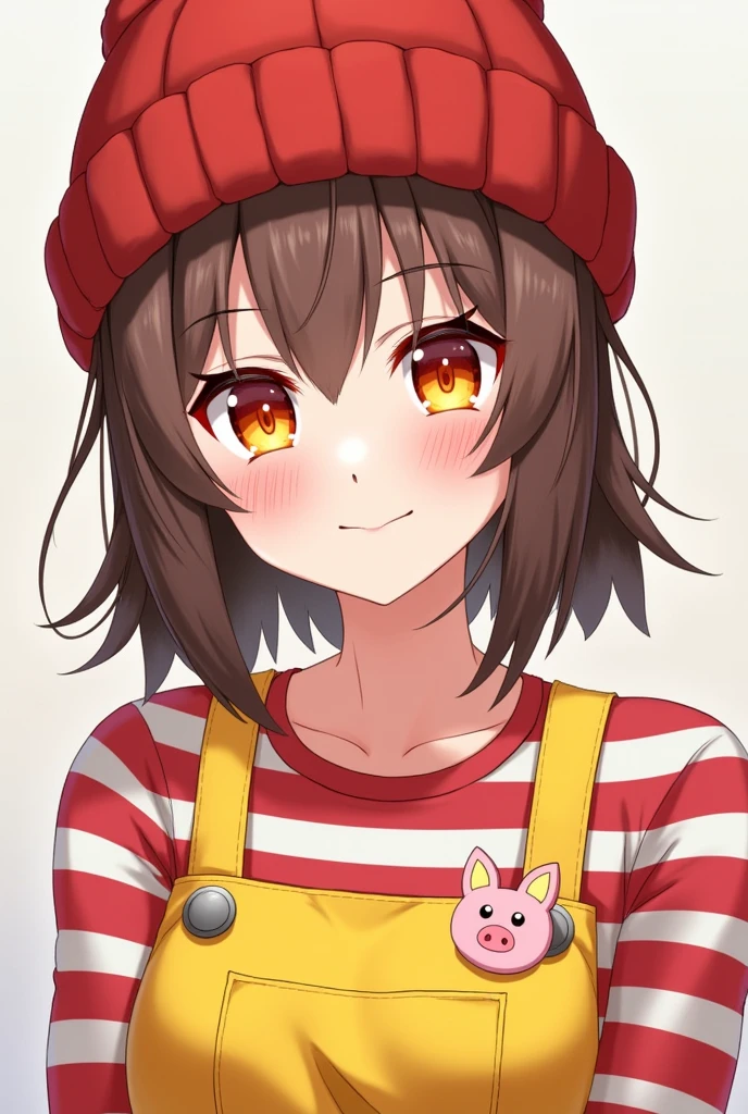A game commentator with straight brown bob hair。
He is wearing yellow overalls with a red and white striped inner layer.。He's a man, but he has an androgynous appearance and orange eyes.。He is wearing a red knitted hat and a pig pin.
