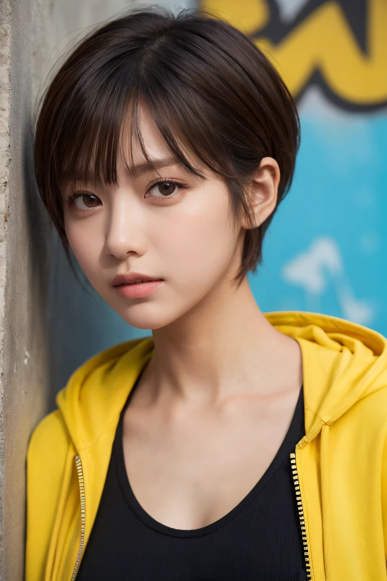 masterpiece, Highest quality, Very detailed, 8k, Realistic, One Girl, alone, Tomboy, Very detailed face, (head shot:1.5), Upper Body, Standing in front of a wall covered in hip hop graffiti, Light brown pixie cut hair, She is wearing a short black tank top and an open-zipped yellow hoodie., Emphasise that you're not wearing a bra、Reaching into the pocket of a hoodie