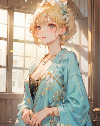 (Highest quality, 4K, 8k, High resolution, masterpiece:1.2), Very detailed, Picturesque, Anime style photo, Photo Anime:1.37)、a beautiful japanese woman standing by bedroom、blonde hair、short hair、gyaru、tan、bikini tan lines、(((completely naked)))、pierce、necklace、bracelet