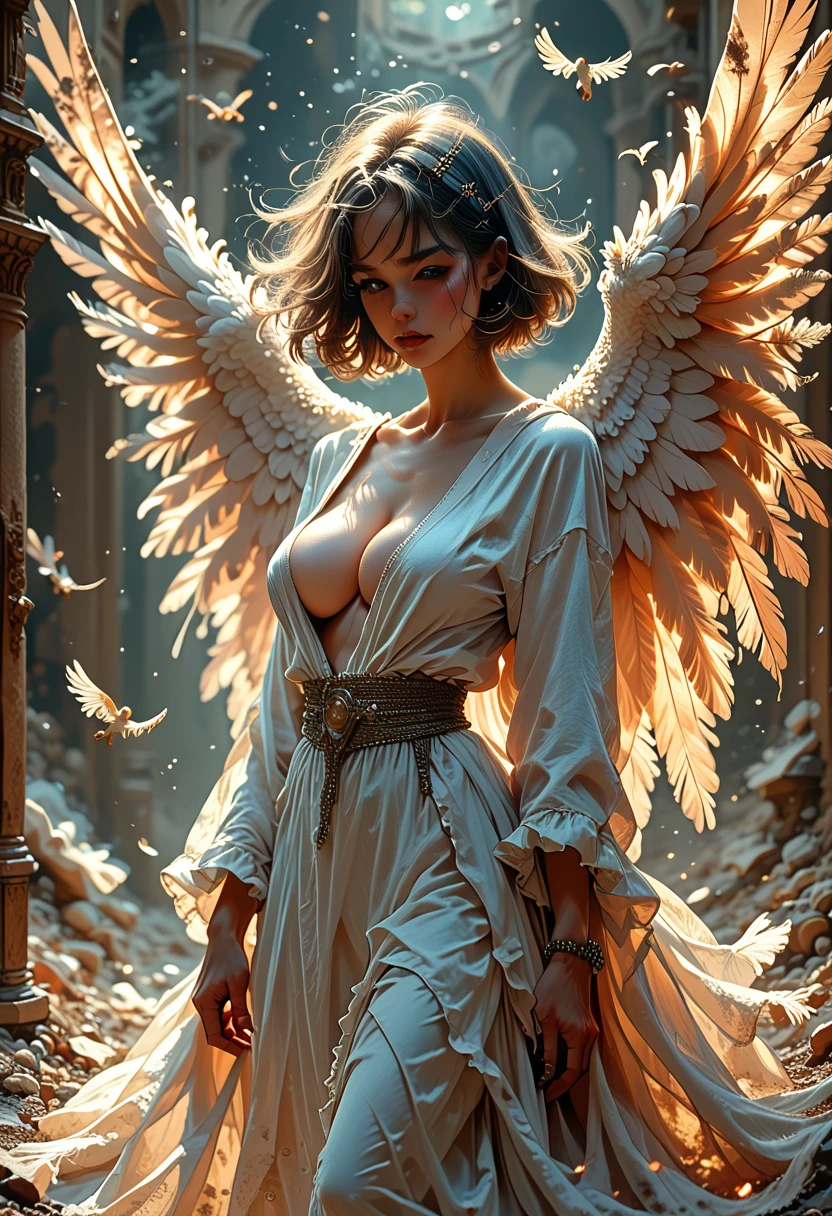 textile,big_,short hair ,feathered wings
