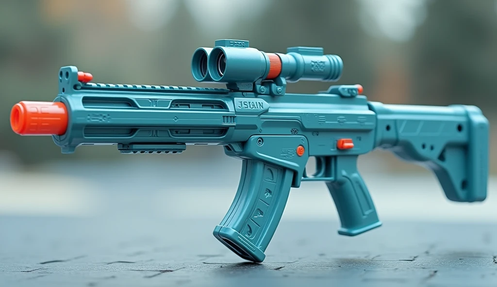 Mini double water gun toy，Integrated rifle mount，Q version，The surface has a pattern，Transparent magazine and scope recessed，(Similar structure to AK47)，(Double muzzle:1.3)，Smooth lines，Plastic material，Three-color Morandi color matching，high quality，Professional Product Photography，Table background，3d, OC Rendering，8K，