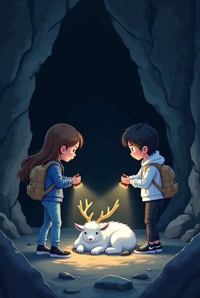 2 girls, one have long brown hair wearing blue shirt and jeans, other one have short black hair wearing white hoodie and black jean. both wearing black sneakers and carrying light brown backpack, pointing flashlight at a white fur creature, shaped like goat, big body, have deer's antler, sleeping on ground, inside dark cave, 2d style, night time