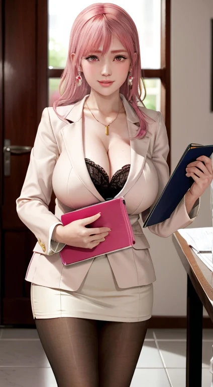 Honoka,    Secretary，Pink Hair，cleveage，big breasts, pink blazer, beige Pantyhose，Lovely，necklace，earrings，Red lips，Shy, secretary, Holding a folder，office, white pencil skirt