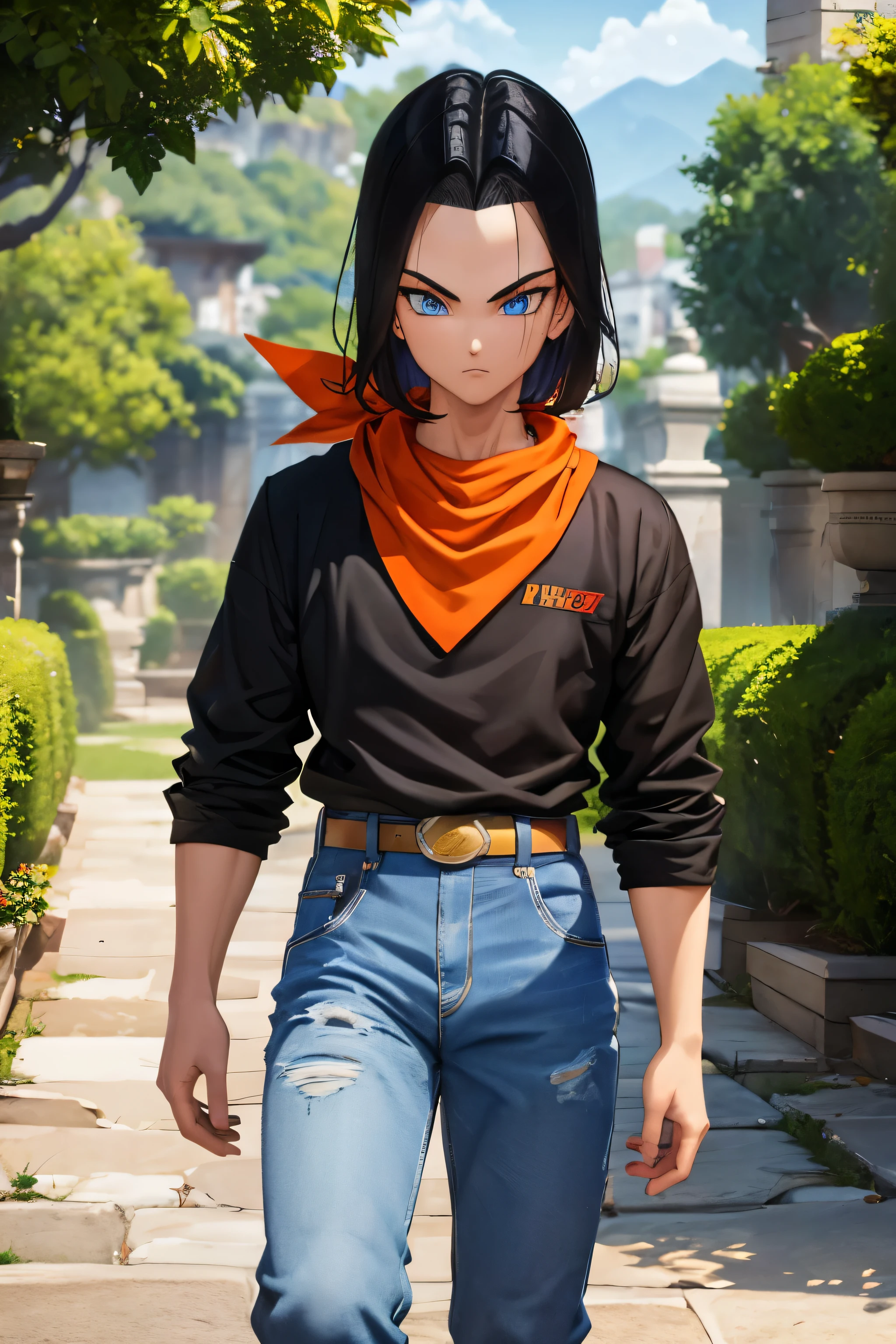 A masterpiece, best quality, detailed and expressive eyes, perfect facial features, high resolution, 1 boy, alone, android 17-inspired boy, (male body:1.3), blue eyes, black hair, parted hair, short hair, black shirt, jeans, layered shirt, white sleeves, orange bandana, blue sneakers, green socks, brown belt, red freckles, outdoor, landscape, standing, portrait, looking at viewer