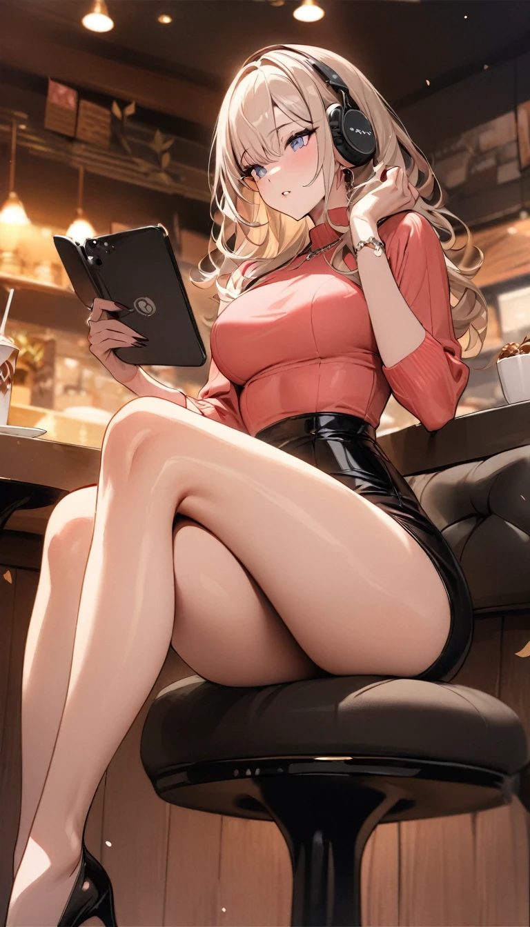 ((Top Quality)), ((Masterpiece)), ((Details)), perfect face, perfect body, fallen leaves background, sitting in a cafe, listening to music, sitting with legs apart, wearing tight clothes, wear a tight skirt, dating, Woman with face visible, glamorous, peach clothe