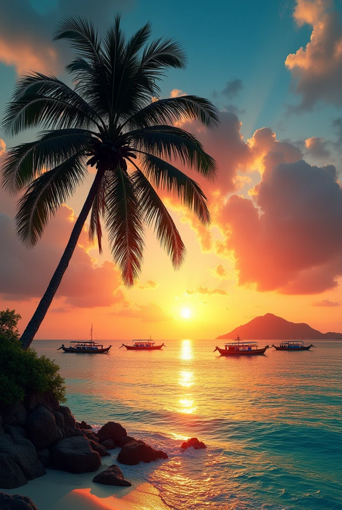 An absolutely breathtaking sunset over the crystal-clear blue waters of Phuket, with a single palm tree standing tall against the sky, its fronds swaying gently in the breeze. The calm waters of the Andaman Sea are dotted with colourful long-tail boats, each one bobbing gently on the gentle waves. As the sun slowly sinks below the horizon, the sky is cast in a warm golden hue, making for a truly luxurious and romantic view.