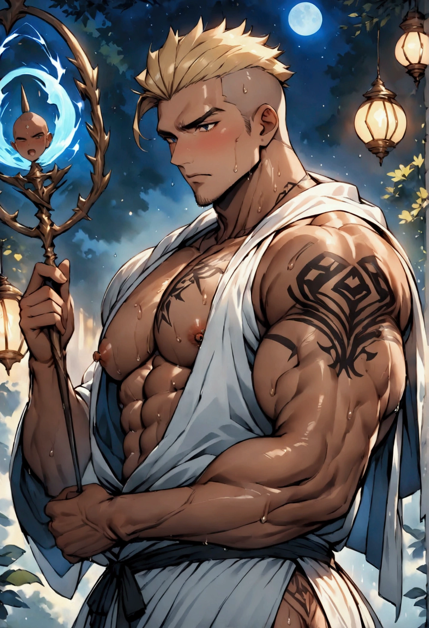 Highest quality、masterpiece、Highest quality、4K、detailed、perfect anatomy、(muscular male:1.3)、(father:0.5)、nipple piercing、tattoo on chest、tattoo on leg 、 gay、Blonde、Shaved head、Brown skin、(sweat:1.3)、fantasy、Fantastic space、Night Forest、wizard、Wearing a robe、Have a magic wand、Use lightning magic