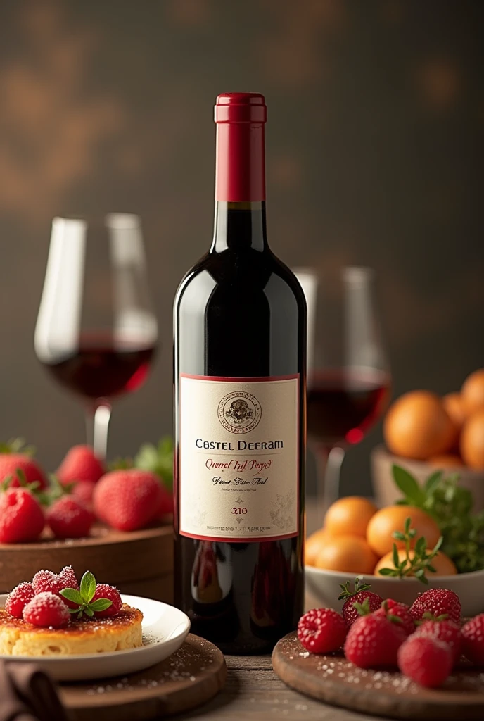 Une bouteille de vin représentant l'art culinaire , le plaisir de bouche. 
Étiquette sur la bouteille avec écrit Castel Dream 
Dans un style chic et romantique 
Avec de la nourriture a la française.
