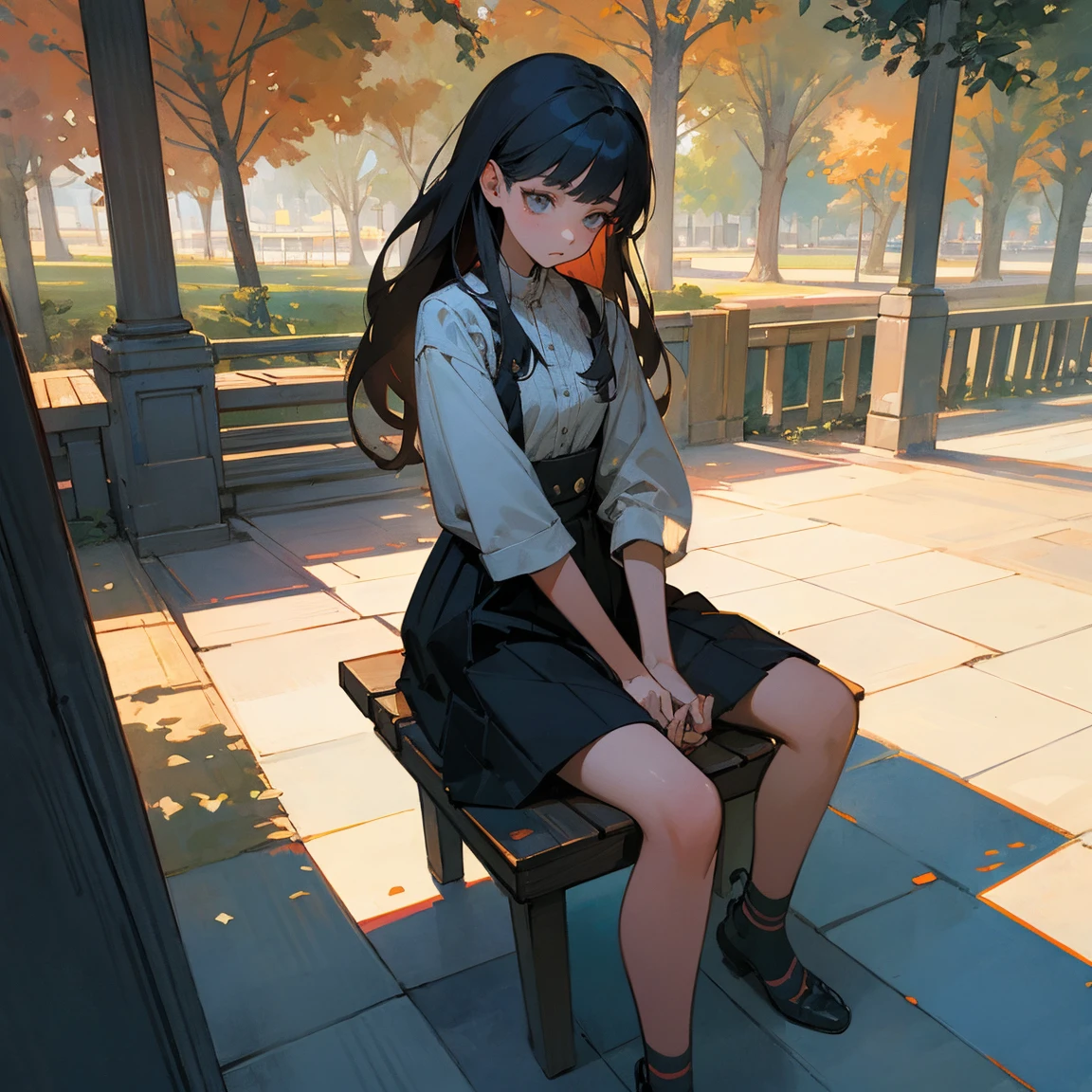 Illustrations for children's picture books,realistic, detailed illustration,A poignant scene in a bustling town park. In the foreground, a young girl named Aya sits alone on a wooden bench, her head bowed and expression somber. Her body language suggests sadness and isolation. In stark contrast, the background is filled with happy, animated people enjoying the park, creating a visual juxtaposition between Aya's melancholy and the surrounding joy, hand-painted style, digital art touch,(illustration:1.5), (Watercolor:1,2)