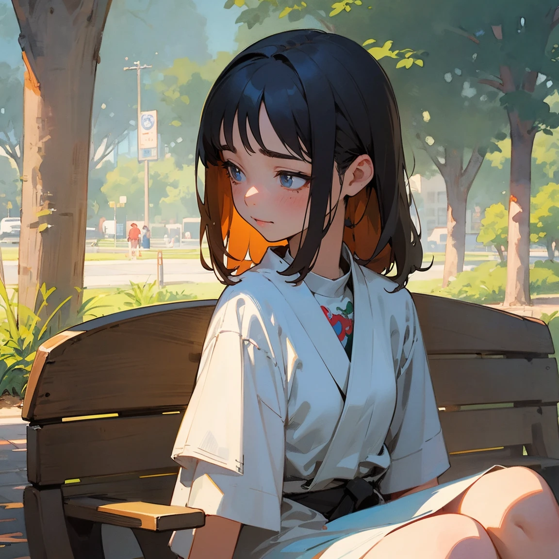 Illustrations for children's picture books,realistic, detailed illustration,A poignant scene in a bustling town park. In the foreground, a young girl named Aya sits alone on a wooden bench, her head bowed and expression somber. Her body language suggests sadness and isolation. In stark contrast, the background is filled with happy, animated people enjoying the park, creating a visual juxtaposition between Aya's melancholy and the surrounding joy, hand-painted style, digital art touch,(illustration:1.5), (Watercolor:1,2)