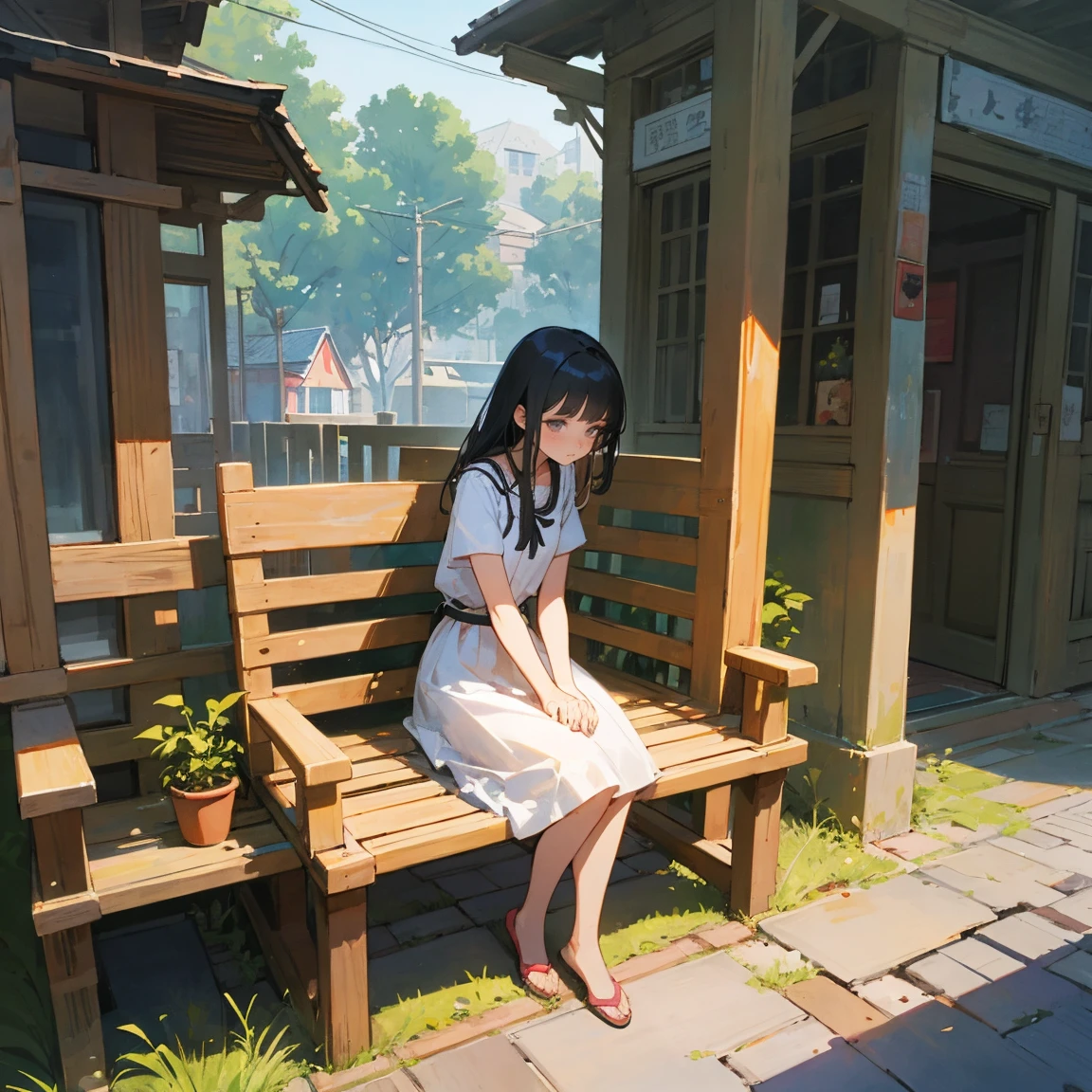 Illustrations for children's picture books,realistic, detailed illustration,A poignant scene in a bustling town park. In the foreground, a young girl named Aya sits alone on a wooden bench, her head bowed and expression somber. Her body language suggests sadness and isolation. In stark contrast, the background is filled with happy, animated people enjoying the park, creating a visual juxtaposition between Aya's melancholy and the surrounding joy, hand-painted style, digital art touch,(illustration:1.5), (Watercolor:1,2)