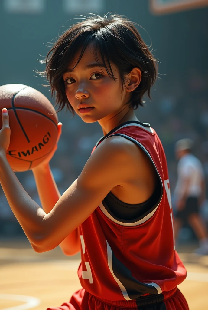 basketball、Number 14、The uniform is stylish black.、A lively  girl、Short Hair、Sweat、energy、cool、Real、4Ｋ、Dashing、Back view shooting scene、(Highest quality,8k,High resolution,Masseter muscle area:1.2),Very detailed,Realistic:1.37,Portraiture,Dynamic Angle,sporty,Attractive face,Detailed beauty face,非常にRealな肌,Wet Skin,Tight waist,Beautiful legs ,sporty,basketballットボール会場　,Cinema Lighting,