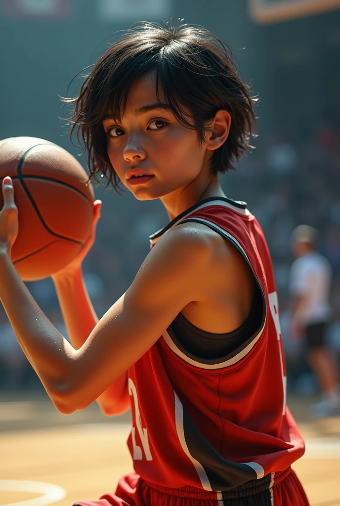 basketball、Number 14、The uniform is stylish black.、A lively girl、Short Hair、Sweat、energy、cool、Real、4K、Dashing、Back view shooting scene、(Highest quality,8k,High resolution,Masseter muscle area:1.2),Very detailed,Realistic:1.37,Portraiture,Dynamic Angle,sporty,Attractive face,Detailed beauty face,非常にRealな肌,Wet Skin,Tight waist,Beautiful legs ,sporty,basketballットボール会場 ,Cinema Lighting,