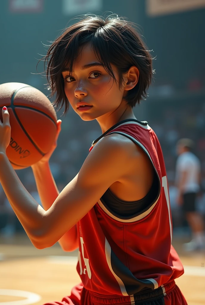 basketball、Number 14、The uniform is stylish black.、A lively girl、Short Hair、Sweat、energy、cool、Real、4K、Dashing、Back view shooting scene、(Highest quality,8k,High resolution,Masseter muscle area:1.2),Very detailed,Realistic:1.37,Portraiture,Dynamic Angle,sporty,Attractive face,Detailed beauty face,非常にRealな肌,Wet Skin,Tight waist,Beautiful legs ,sporty,basketballットボール会場 ,Cinema Lighting,