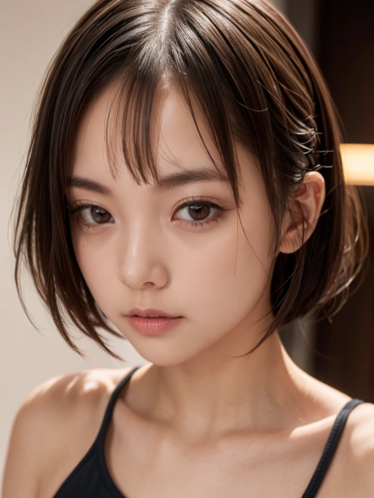 One Girl,(とてもcute少女:1.3),masterpiece,Highest quality,High resolution,Photorealistic,RAW Photos,Ray Tracing,Physically Based Rendering,beautiful girl,(:1.3),cute,Big eyes,(detailed pupils:1.2),(The face is facing sideways:1.3),Body facing sideways,Beautiful nose,High nose,Upturned nose,Fuller lips,Short black hair,ponytail,short hair,Detailed eyelashes,Thin eyebrows,Very fine grain definition,(Golden Ratio:1.3),(Face close-up,Face Focus:1.0),Small breasts,Slim figure,Short neck,Sloping shoulders,Tank top,white,Simple Background,Portrait,View Viewer,Upper Body,Cinema Lighting,High resolution,Very detailed