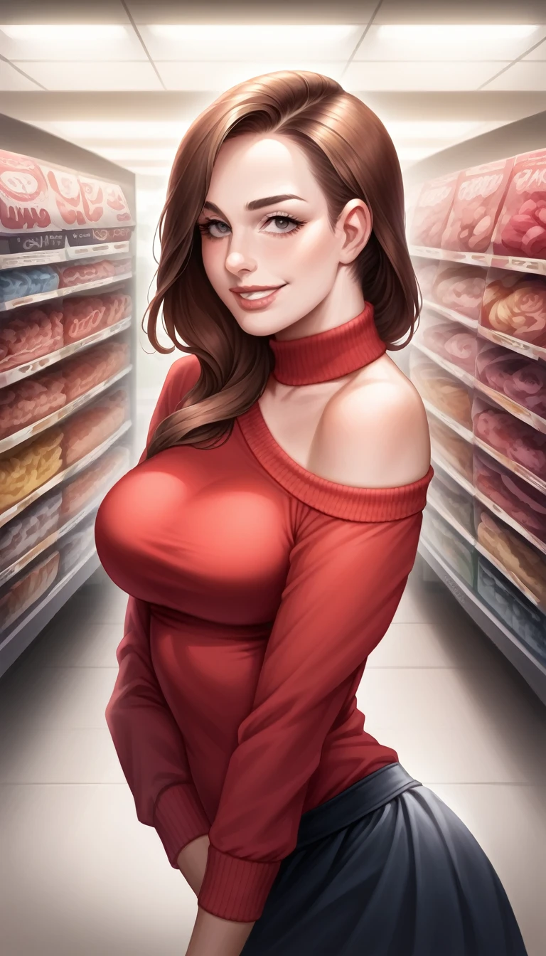 (best quality, ultra-detailed, photorealistic: 1.39), Face of naughty 1 ager, Girl in love with big breasts, bright and vibrant colors, studio lighting, romantic expression, beautiful detailed red off-shoulder sweater:1.2 , sensual white mini skirt, elegant makeup, long blonder hair flowing in the wind, attractive eyes, lips bright, sexy pose, beautiful roses, smiling confidently and seductively, posing for a professional photo shoot, shallow depth of field, soft natural lighting, creating a dreamy and magical atmosphere. In the clothing store, beautiful store