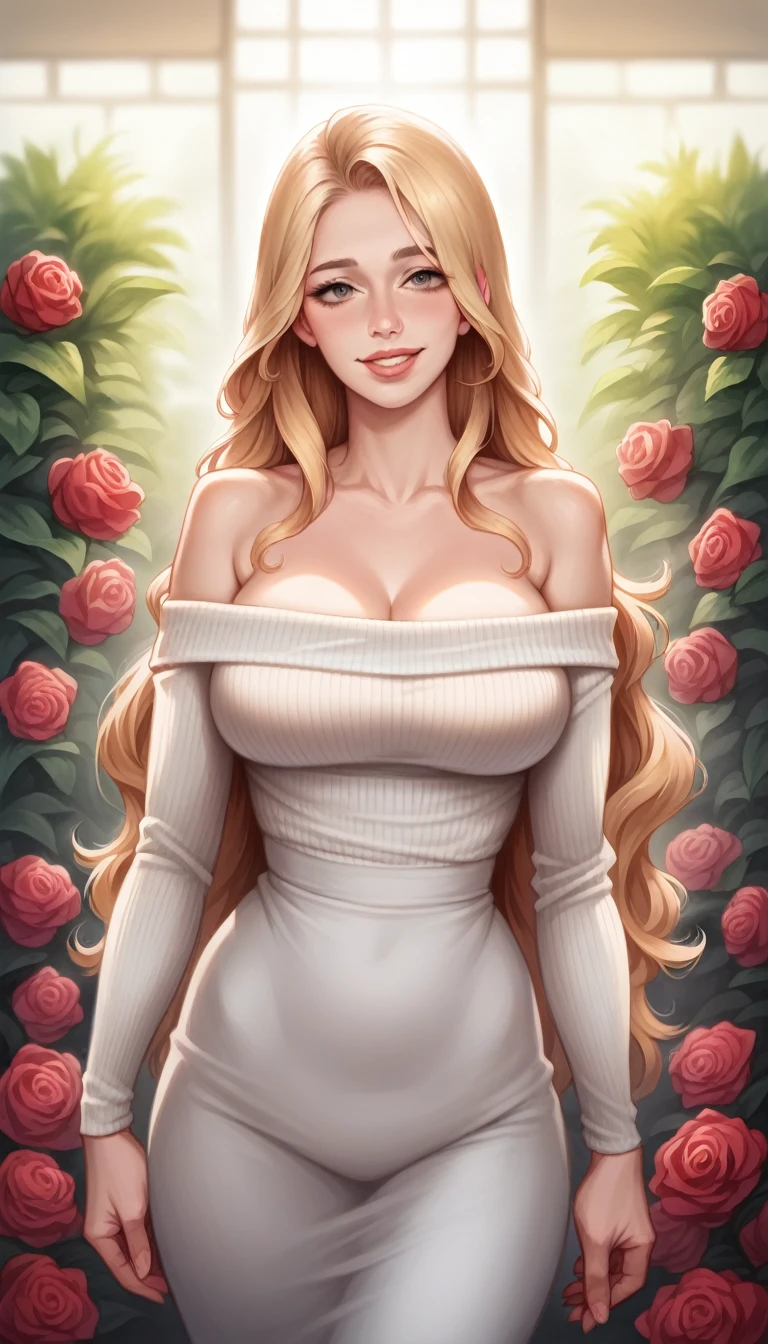 (best quality, ultra-detailed, photorealistic: 1.39), Face of naughty 1 teenager, Girl in love with big breasts, bright and vibrant colors, studio lighting, romantic expression, beautiful detailed red off-shoulder sweater:1.2 , sensual white mini skirt, elegant makeup, long blonder hair flowing in the wind, attractive eyes, lips bright, sexy pose, beautiful roses, smiling confidently and seductively, posing for a professional photo shoot, shallow depth of field, soft natural lighting, creating a dreamy and magical atmosphere. In the clothing store, beautiful store