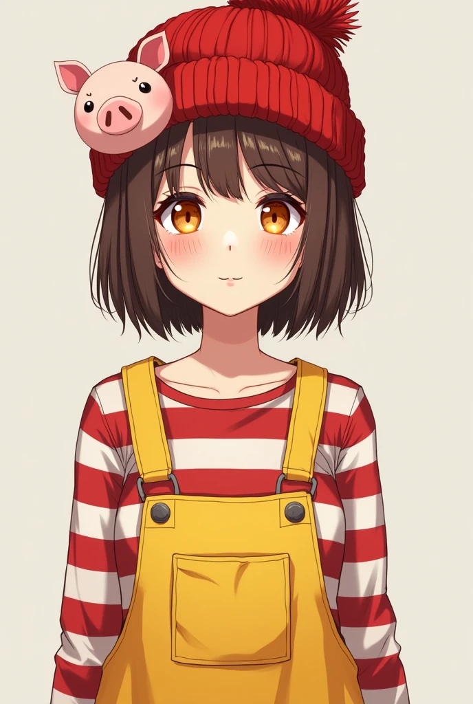 A game commentator with straight brown bob hair。
He is wearing yellow overalls with a red and white striped inner layer.。He's a man, but he has an androgynous appearance and orange eyes.。He is wearing a red knitted hat with a pig pin on it.
