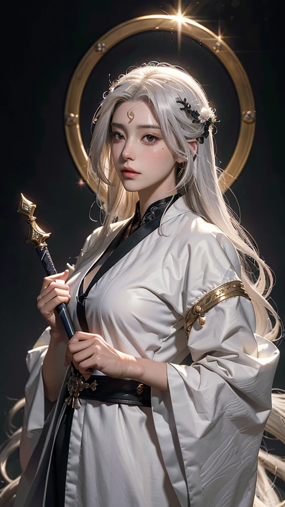 Close-up of a figure with white hair and a sword, Gray-haired deity, White long hair, of long white hair, artwork in the style of Gwaiz, Gray-haired, Gwaiz, Handsome men from Demon Slayer, Beautiful character drawings, Jan J, Gray-haired, Gwaiz on pixiv artstation, Anime characters,Purple clothes,At the Palace,梨の花が落ちるmasterpiece，Highest quality，Highest quality，Official Art，Beauty and aesthetics：1.2），（masterpiece：1.3）， （8k， Realistically， RAW Photos， Highest quality： 1.4）， Beautiful Face， （Photorealistic Face），Ultra-high resolution， Ultra-photorealism， Very detailed， Golden Ratio， （Dynamically：1.3），（saturation：1.3），Fantastic outfit， (Attention to detail: 1.9)，（woman：1.4），（Large Breasts），womanmagic使い，Luxurious robes，The background is a castle，Dramatic，（magic：1.8），（Glowing Scepter：1.5），god秘的なシンボル,Reincarnation Support, god;Grace, Gentle and meditative expressions, Flowing, celestial garments, Shine、Created all the landscapes and worlds on Earth, Whispers of Ancient Legends，