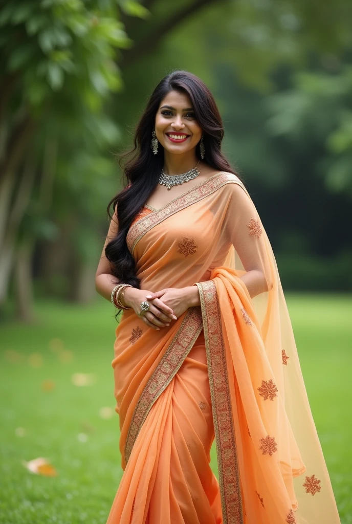 Perfect Indian sexy wife with chiffon net saree, HDR, 8k, hyper detailed, best quality, ultra-high resolution, HDR, 8k, walking on the lawn , look at viewer, waist level view, bright smile, wearing platinum ornaments, casual pose , average body with 36 D size breasts,28 hip size and 36 waist size, waist level view, show background