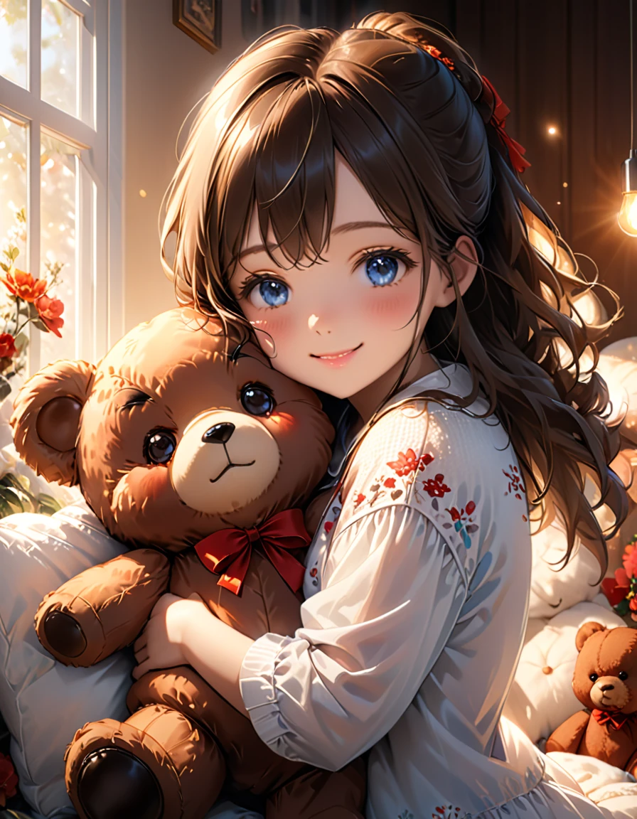 A cute girl,girl hugging a (large:1.2) plush teddy bear,teddy bear same size as girl,girl happily embracing teddy bear,detailed facial features,beautiful eyes,cute smile,soft lighting,warm colors,highly detailed,photorealistic,8k,masterpiece