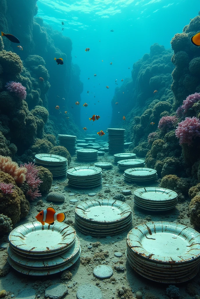 Stacks of ceramic plates，Scattered and sinking to the bottom of the sea，silt，damaged，Shipwreck，Coral Reef，Clownfish，Undersea fish，Lots of details，Professional photos, best quality，masterpiece