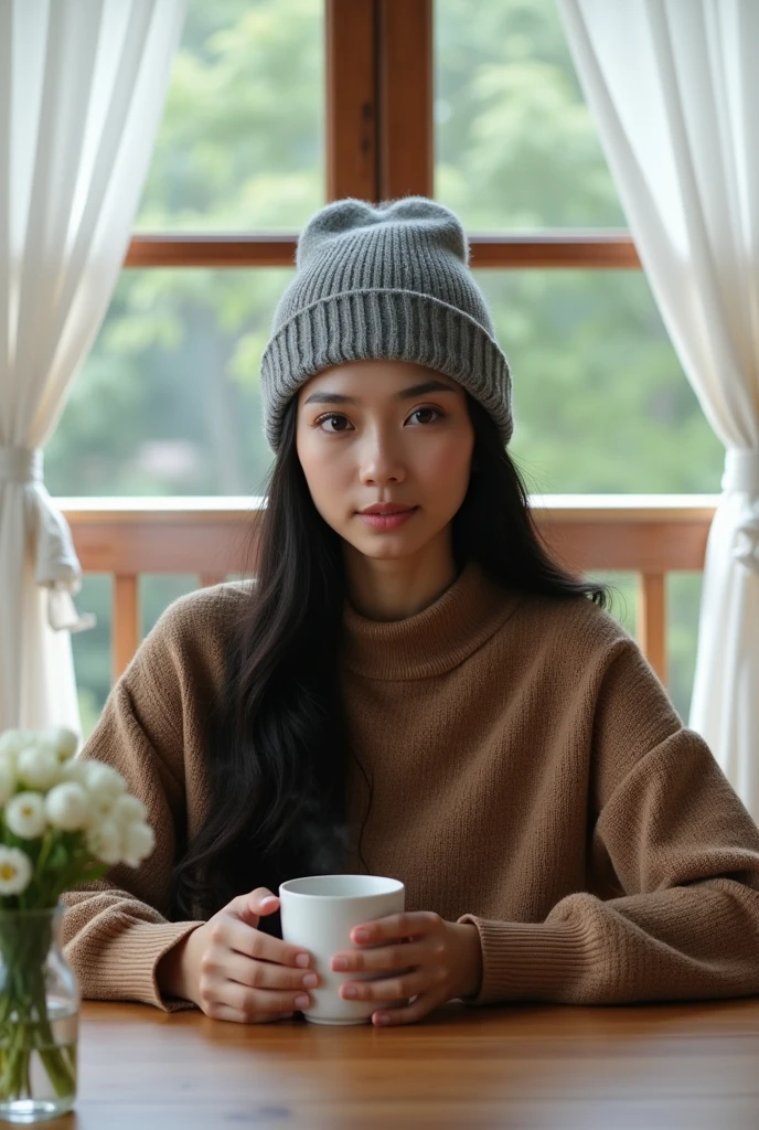 High Resolution, Masterpiece, Accurate, Best Quality, Detail, High Details, High Quality, Realistic photo. A 2 Indonesian wife, wearing a gray beanie, a brown sweater, black jeans, long dark hair, white skin, height: 155 cm, weight: 45 kg. The image shows a young woman sitting at a wooden table in front of a window. She is wearing a gray beanie and a brown sweater. She has long dark hair and is holding a white cup of coffee in her hands. There is a small vase with white flowers on the table next to her. The window has white curtains and there is a wooden railing in the background. The overall mood of the image is peaceful and contemplative.