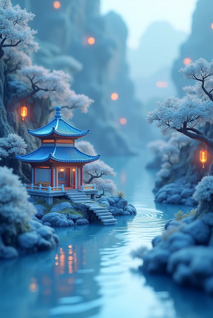 Microcosm,Three-dimensional blue and white porcelain miniature landscape,Gold enamel,Jade Ancient Chinese Architecture,Luminescence,Zen,Transparent glass texture,Ceramic texture,Depth of field composition,Light and shadow contrast,生物Luminescence效果,Rembrandt light and shadow,Blue and white tones,Depth of Field Effect,Minimalist composition,Light and shadow contrast,High-resolution details
