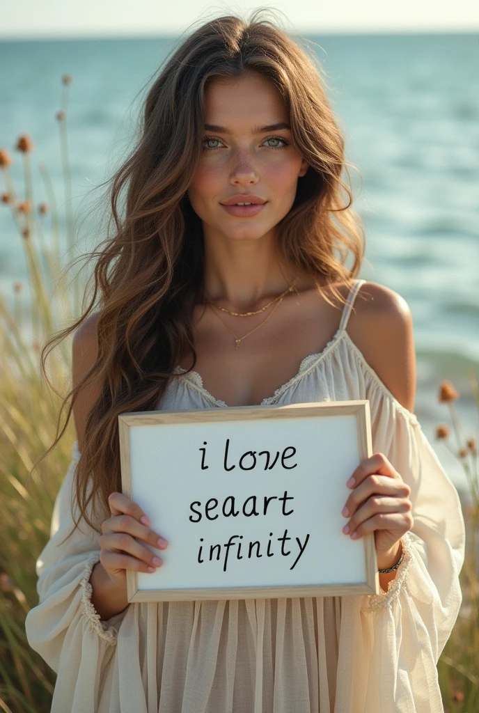 Beautiful girl with wavy long hair, bohemian dress, holding a white board with text "I Love Seaart Infinity" and showing it to the viewer