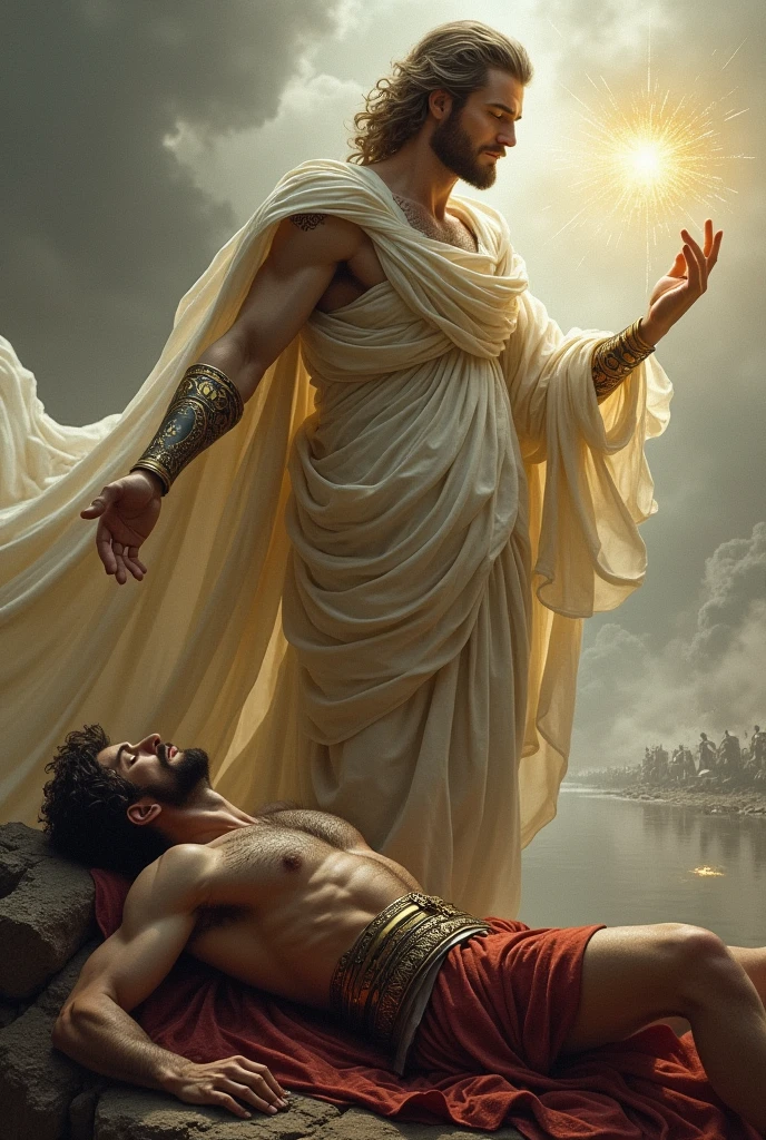 Greek God Morpheus making wounded Roman soldier sleep with illusion
