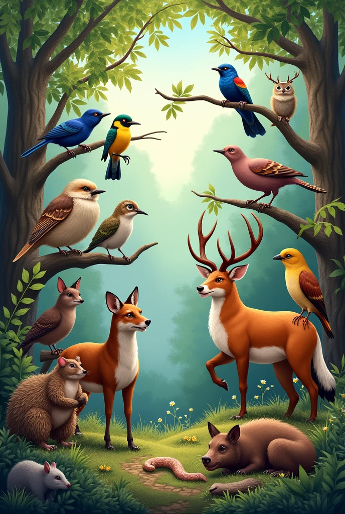 blackbird, jay, linnet, cuckoo woodpecker, Eagle owl, an owl, sych, летучая mouse, mouse, please, Porcupine, Sonia, squirrel, hedgehog, Marmot, white-bellied marten, Fox, roe deer, wild boar, Viper.