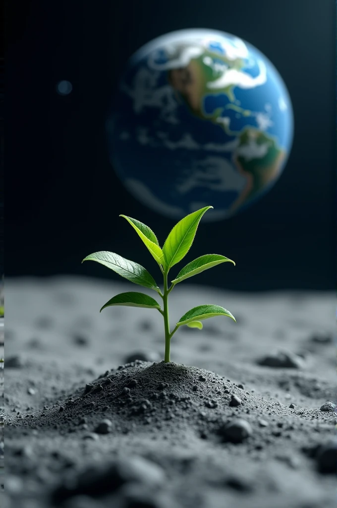 A sapling planted on moon with earth visible in the background