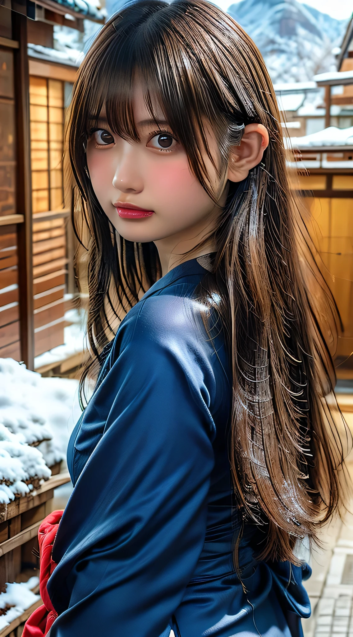 8k, Absurd, 4K, High resolution, ultra detailed, 最high quality, insanely detailed, masterpiece, beautiful, high quality, detailed, hyper detailed, Exquisite, girl, smile, Are standing, View your viewers, (Recall:1.3), Long Hair, Straight hair, Brown Hair, puppet, Droopy eyes, Glowing Skin, detailed skin, detailed face, glamorous, Sensual, Curvy, beautiful ass, beautiful breasts, (Idol, kimono:1.3), Curvy, Japanese Idol, Cute Face, teenager, Japanese, At the hot spring, At dusk, (with snow:1.3), RAW Photos, Realistic, Ultra-realistic photos, Portrait Photography, Cowboy Shot, from the front, Dynamic Angle, sharpen, Golden Hour, Cinema Lighting, Depth of written boundary, Look Back