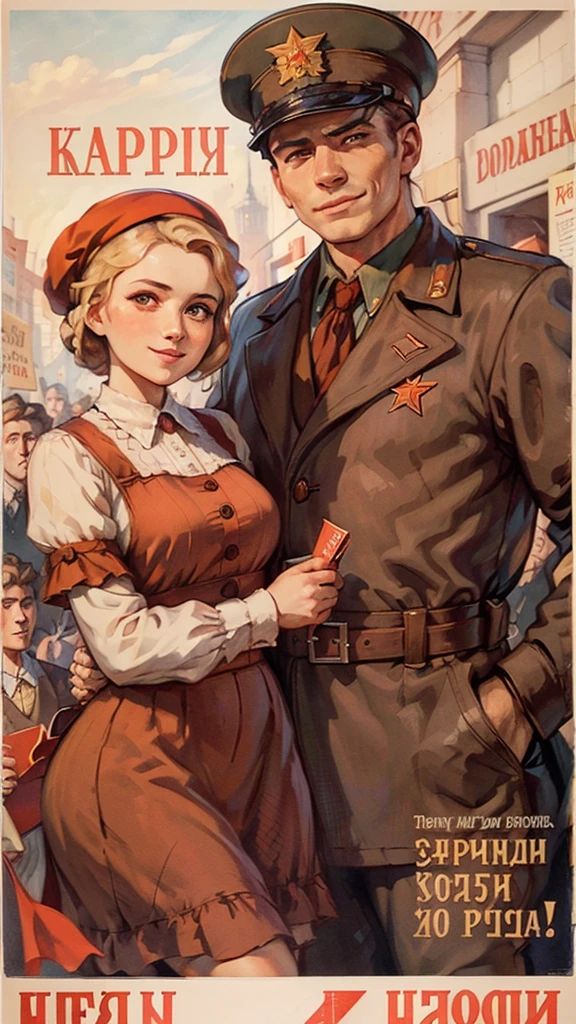 (best quality:1.2), Woman and man holding red books,The book cover has the words &quot;Das Kapital&quot;，Smile, Looking at the camera, Soviet Union, poster,  8k，masterpiece，