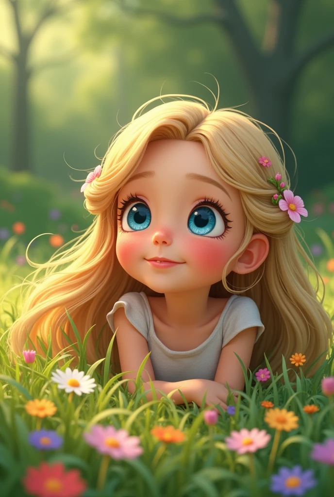 A young girl is laying in the grass. Long blonde girl and big blue eyes. Her hair is spread out in the grass and there are flowers in her hair and in the grass. The girl is smiling. Animated. Cute.