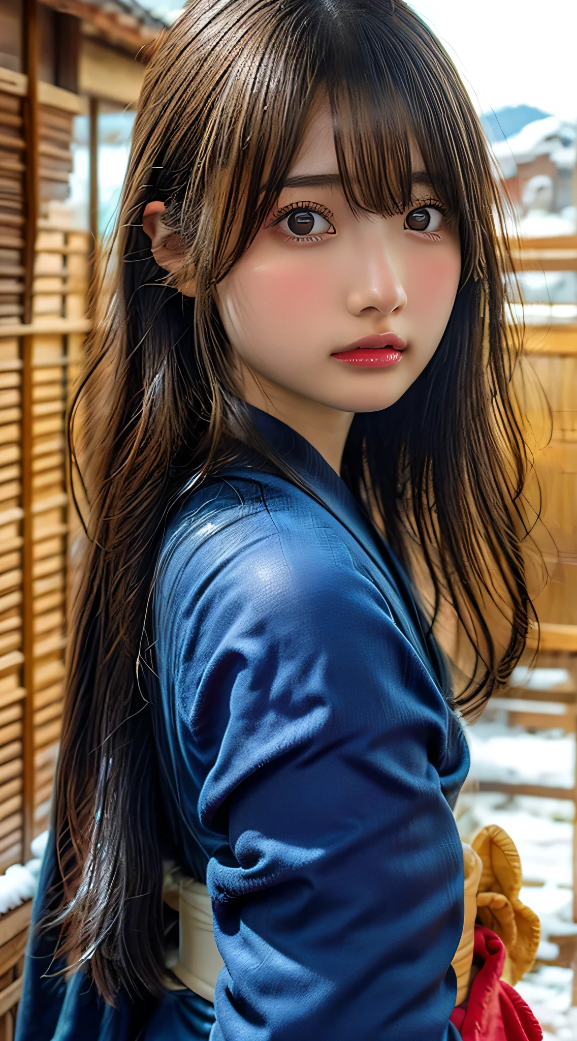 8k, Absurd, 4K, High resolution, ultra detailed, 最high quality, insanely detailed, masterpiece, beautiful, high quality, detailed, hyper detailed, Exquisite, girl, smile, Are standing, View your viewers, (Recall:1.3), Long Hair, Straight hair, Brown Hair, puppet, Droopy eyes, Glowing Skin, detailed skin, detailed face, glamorous, Sensual, Curvy, beautiful ass, beautiful breasts, (Idol, kimono:1.3), Curvy, Japanese Idol, Cute Face, ager, Japanese, At the hot spring, At dusk, (with snow:1.3), RAW Photos, Realistic, Ultra-realistic photos, Portrait Photography, Cowboy Shot, from the front, Dynamic Angle, sharpen, Golden Hour, Cinema Lighting, Depth of written boundary, Look Back
