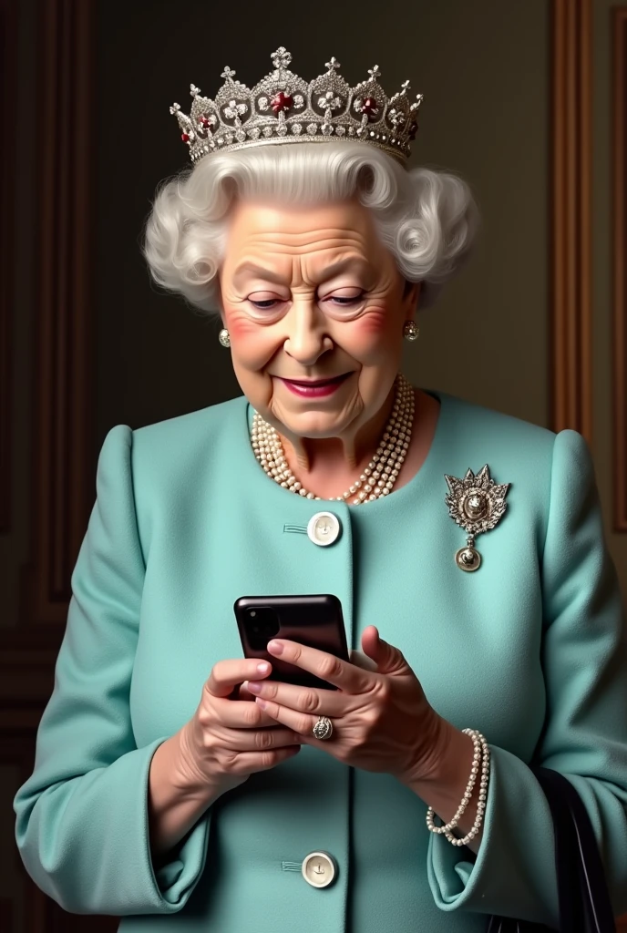 Queen Elizabeth operating mobile phone in her hand