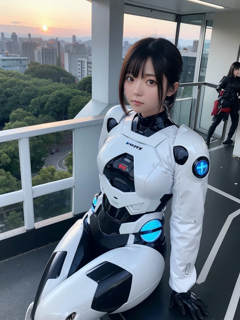 Japanese female android,Black Hair,White and blue robot suit,Plump,Watching the sunset from the observation deck in the park,
