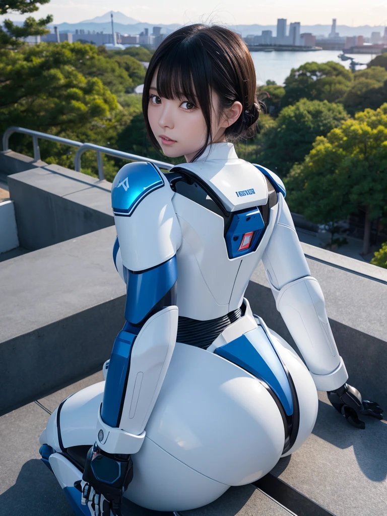 Japanese female android,Black Hair,White and blue robot suit,Plump,Watching the sunset from the observation deck in the park,