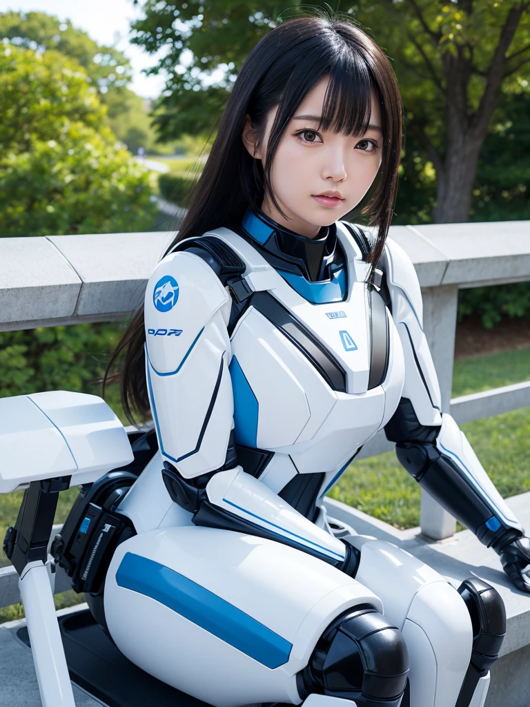 Japanese female android,Black Hair,White and blue robot suit,Plump,Watching the sunset from the observation deck in the park,