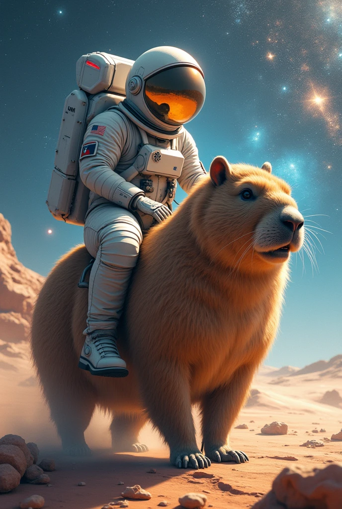 An image of an astronaut in a distant galaxy riding a capybara 