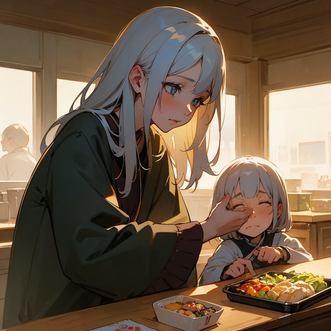 Illustrations for children's picture books,realistic, detailed illustration,An emotional scene depicting an elderly grandmother gently offering a beautifully crafted bento box to a young girl, Aya. The grandmother's face shows kindness and hope. Aya is reaching out to accept the bento, but her expression remains sad and unchanged. The contrast between the grandmother's warmth and Aya's sadness is palpable. The background suggests a homey or shop-like setting, with soft, warm lighting emphasizing the emotional exchange, (focus on lunch box:1.2)., hand-painted style, digital art touch,(illustration:1.5), (Watercolor:1,2)