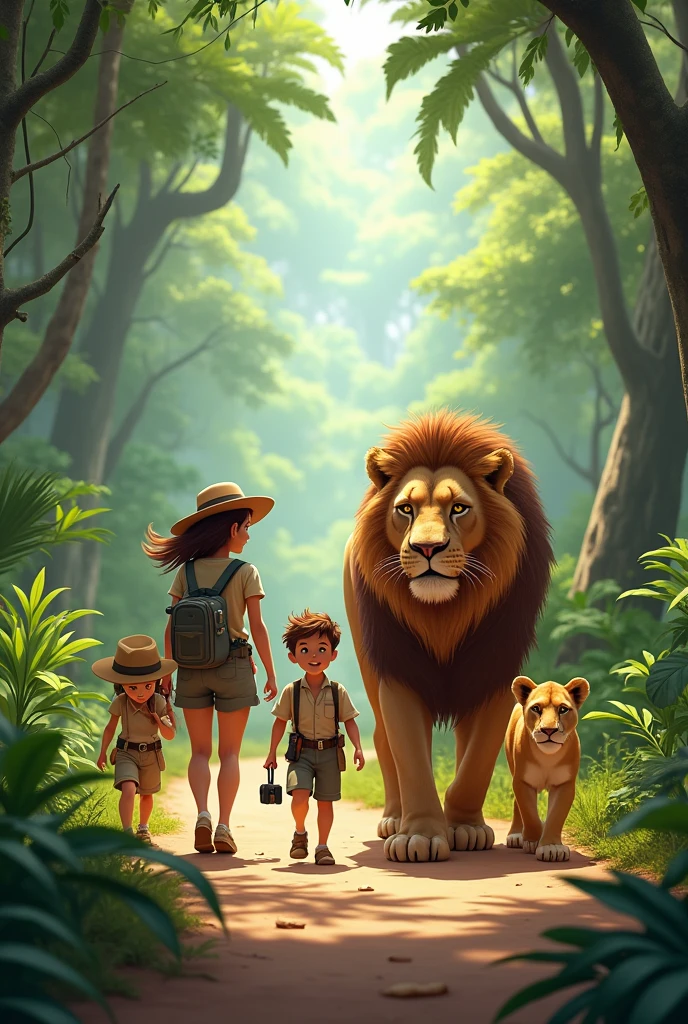 A family going to jungle safari with a lion and his wife