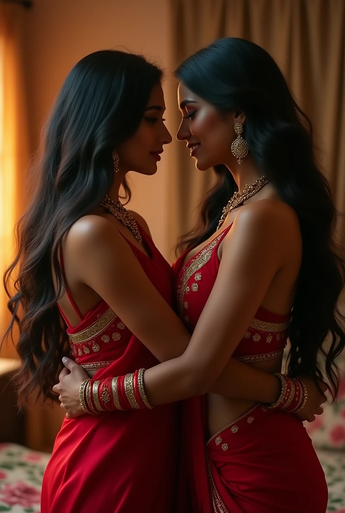 Two very sexy Indian housewife with the same husband long hair wearing a royal red saree sitting face to face with each other holding each other's body in sexy argument and kissing 